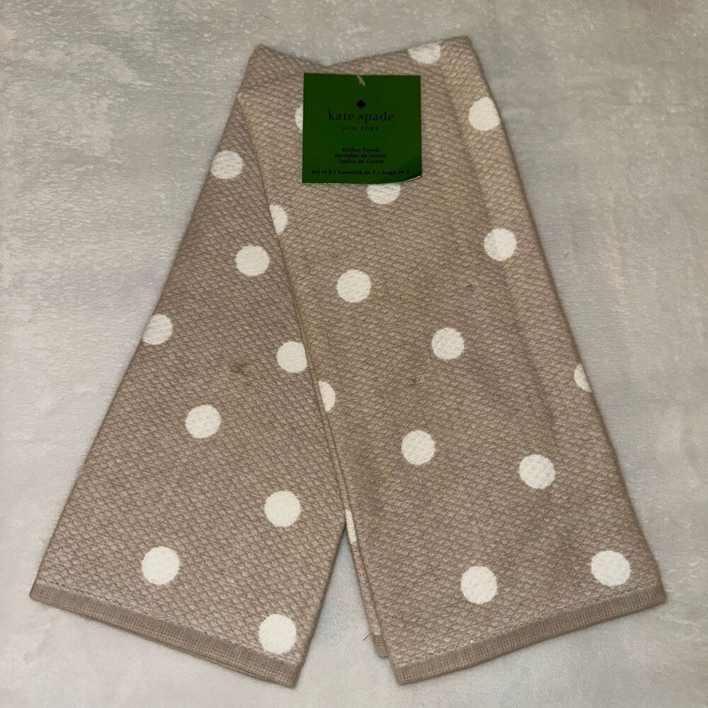 Kate Spade Kitchen Towel Set of 2 Tan with White Polka Dots 17x28” NWT